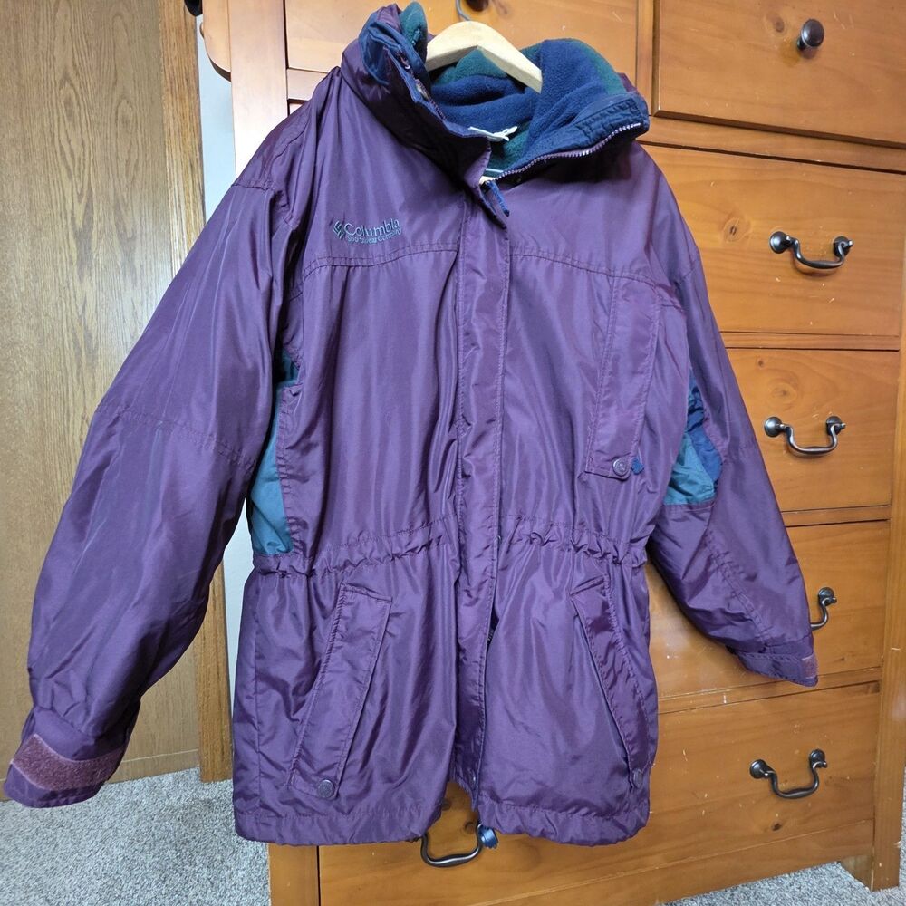 Vintage Columbia Long’s Peak Two Piece Coat Small Purple Green Fleece Lined Hood